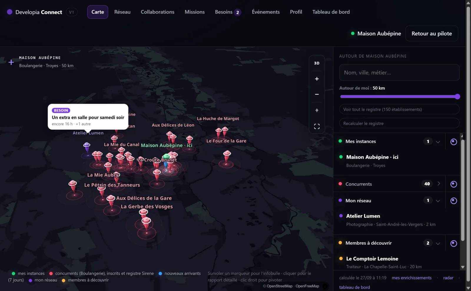 L'écran principal de Developia Connect : la ville en relief autour d'une boulangerie, ses concurrents en rouge, un partenaire du réseau en violet avec une bulle de besoin urgent, un nouvel arrivant en bleu, et à droite la liste par catégorie avec compteurs.
